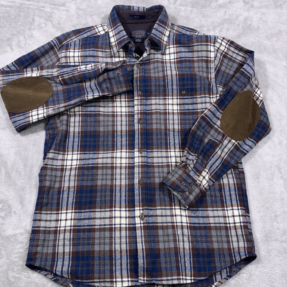 Pendleton Trail Wool Flannel Mens M Blue Plaid Elbow Patch Macdonald Tartan